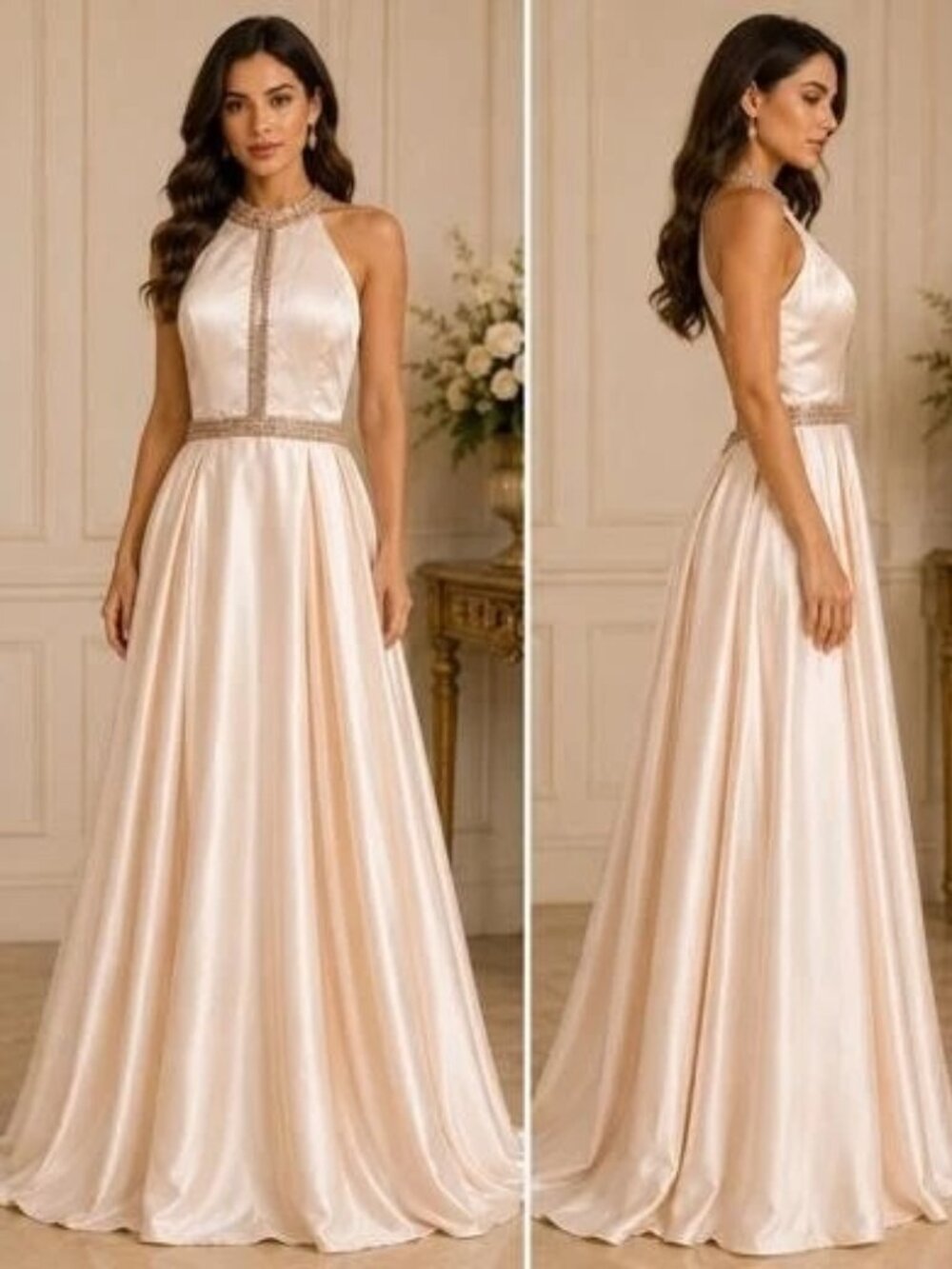 Jolene Champagne Embellished Halter Cut Out Back Gown